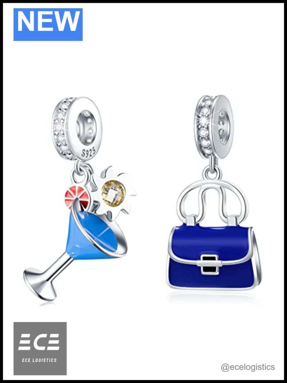 Sterling Silver Wine Glass & Handbag Charm Set with Cubic Zirconia, Fits